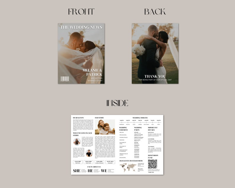 May include: A wedding newspaper design with a front cover featuring a couple embracing, the headline "THE WEDDING NEWS", and the names "MELANIE & PATRICK". The back cover says "THANK YOU". The inside includes wedding details.