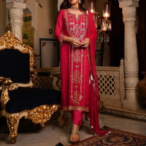 Women's Kurta Set With Dupatta - Party Wear Indian Style Readymade Kurti Set, Cotton Top & Sharara Bottom, Free Size Guide