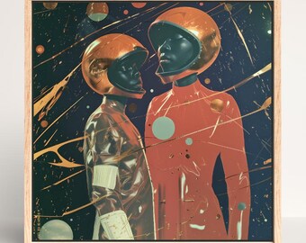 Impresión en lienzo afrofuturista enmarcada: Escena espacial psicodélica retro