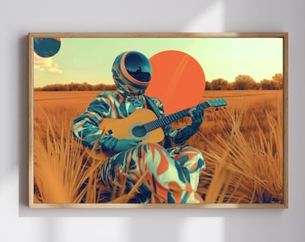 Lámina artística de astronauta psicodélico: guitarra psicodélica en un campo dorado