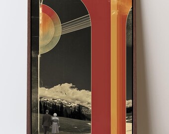 Impresión artística de paisaje de collage retro con arcos rojos y dorados, pareja, decoración de pared nostálgica de ciencia ficción