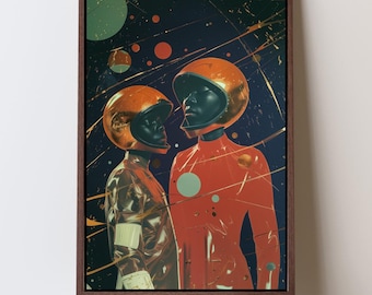 Impresión artística de hermandad afrofuturista: astronautas modernas del futuro, retrato retro de ciencia ficción