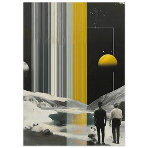 Stampa artistica Stampa del paesaggio del lago lunare Retro-futurista Cosmic Liminal Carta fine art opaca vibrante Giallo vibrante Bianco e nero