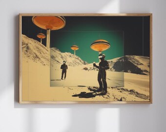 Impresión artística de una cabaña de esquí de ciencia ficción retro: decoración surrealista de montaña espacial