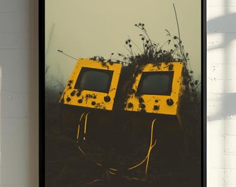 Lámina artística de un páramo distópico: paisaje de jardín de ciencia ficción retro