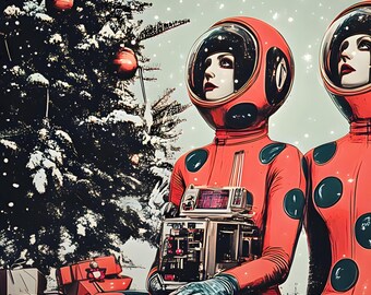 Paquete de 6 ilustraciones navideñas de ciencia ficción con descarga digital. Pósteres retro de astronautas de lunares. Regalo de última hora.