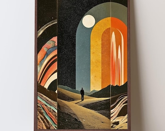 Impresión artística de paisaje desértico moderno de mediados de siglo: bellas artes retro futuristas