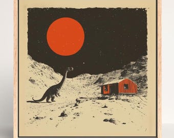 Impresión en lienzo de Brontosaurio Lunar: Arte retro de dinosaurios de ciencia ficción