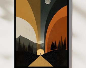 Lámina de ciencia ficción de mediados de siglo: paisaje futurista, decoración clásica