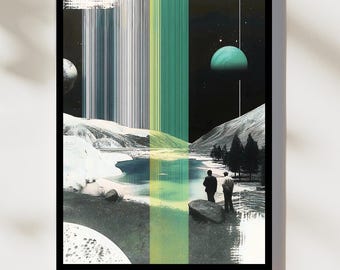 Impresión artística de paisaje lunar retrofuturista: decoración de oficina de ciencia ficción