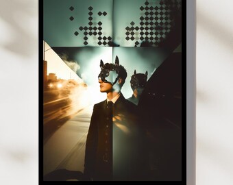 Impresión artística de figura enmascarada: retrato retro futurista de ciencia ficción