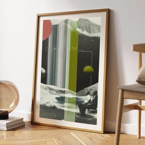 Stampa artistica Paesaggio del lago lunare Stampa retro-futurista Coppia anziana Liminale cosmica Carta fine art opaca vibrante