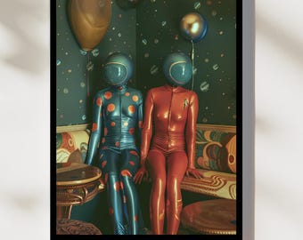 Impresión artística retro de ciencia ficción con astronautas de lunares, compañeros cósmicos queer, obra de arte de pared, decoración vintage futurista