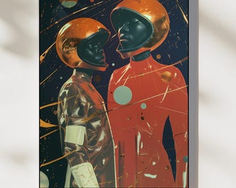 Impresión artística en metal de Hermandad de ciencia ficción: Gemelas espaciales retrofuturistas