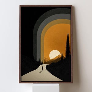 Stampa artistica di paesaggio desertico di metà secolo, moderna, retrò, futurista, fantascientifica, liminale, carta fine art opaca d'archivio, oro e nero vibrante