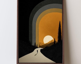 Impresión artística de ciencia ficción de mediados de siglo: paisaje liminal, vibrantes bloques de color