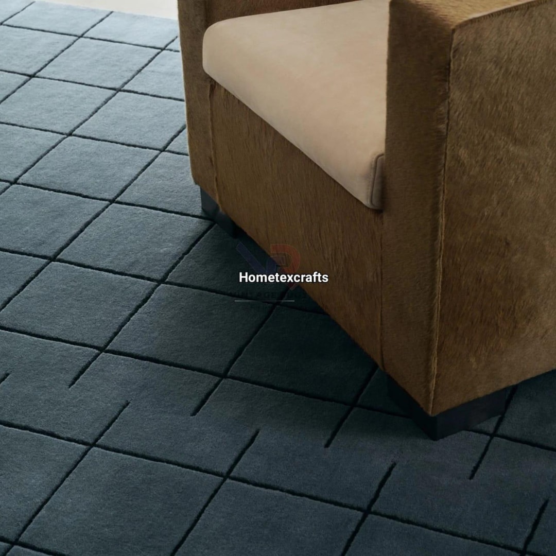 Hand-tufted Blue Grid Rug | Modern Geometric Area Carpet - Etsy