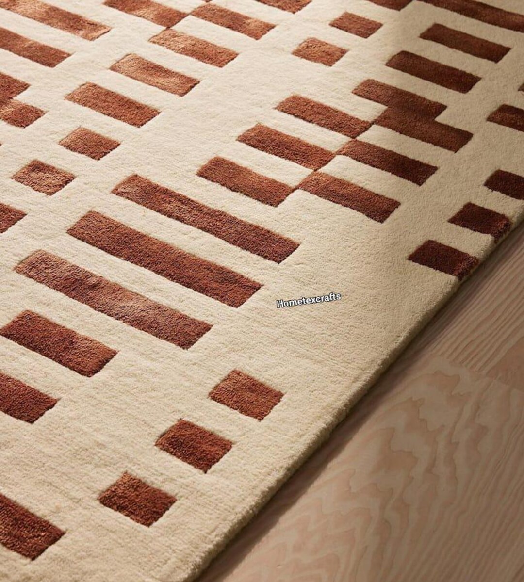 Beige & Rust Geometric Rug – Modern Minimalist Area Carpet - Etsy
