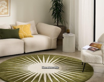 Olive Green Sunburst Round Rug | Modern Scandinavian Carpet