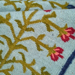 Quick Ship Rug |Handwoven Wool Kilim Rug 5x8 | Floral Tree of Life Pattern | Sky Blue Boho Flatweave Carpet | Indian Handmade Area Rug Decor