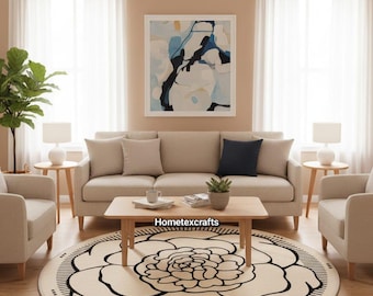 Blommig rund matta, beige blomma, modern matta