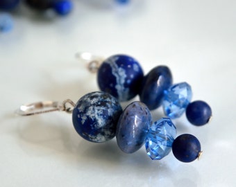 Lapis Lazuli Earrings, Glass Bead Accent, Natural Stone Earrings, Blue Earrings