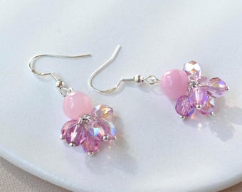 Pendientes colgantes rosas - Pendientes de cristal checo con cuentas de calcedonia