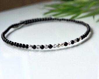 Black Agate Necklace: Minimalist Czech Glass Beaded Jewelry
