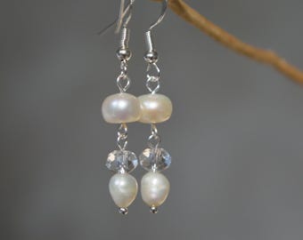 Pendientes colgantes de perlas de agua dulce con cuentas de cristal, elegante joyería nupcial.