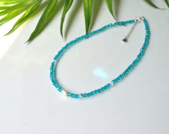 Aqua Czech Glass Bead Necklace: Freshwater Pearl, Minimalist Jewelry