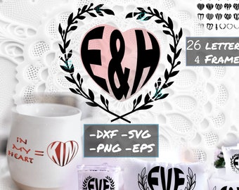 Heart Letters Svg, Initial Monogram Svg, Letter Font, Alphabet svg, Couples svg, couples initials svg, Frame svg, Heart frame svg, Engraving