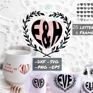 Letras del corazón Svg, Monograma inicial Svg, Fuente de letra, Alfabeto svg, Parejas svg, parejas iniciales svg, Marco svg, Marco del corazón svg, Grabado