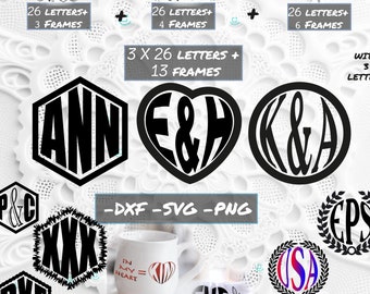 Monogramm SVG Bundle, Buchstaben SVG, Initialen Monogramm SVG, Buchstaben svg, Paare Initialen svg, Rahmen svg, Herz Kreis Diomand Rahmen, Gravur