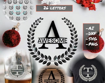 Geteiltes Monogramm SVG / DXF / PNG 4, Split Monogramm Rahmen Alphabet, Familienmonogramm, digitaler Download, Gravur, 26 svg/dxf/png/ai-Datei