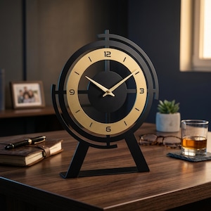 Puede incluir: Un reloj de mesa con un marco circular de metal negro y un anillo interior dorado. La esfera muestra números negros en las posiciones de las 12, 3, 6 y 9, con manecillas doradas finas centradas sobre un fondo circular negro sólido.