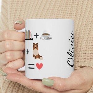 Custom Name Sheltie Book Coffee Mug, Cute Personalized Shetland Sheepdog Bookish Gift for Books Lover Dog Mom Pet Owner Wife Friend Bookworm