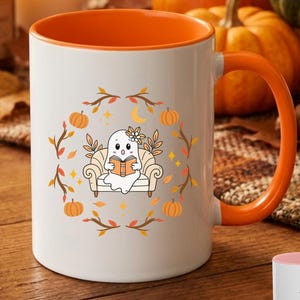 Personalised Book Ghost Mug, Cute Whimsy Autumn Reading Ghost Mug, Custom Name Halloween Mug, Book Lover Gift, 11oz 15oz 20oz