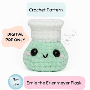 Op de afbeelding: Een haakpatroon voor een groen en wit Erlenmeyer-kolf amigurumi-speelgoed. Het patroon heet "Ernie the Erlenmeyer Flask" en is beschikbaar als digitale PDF-download. Het patroon is van Crochet Lab by Anne.