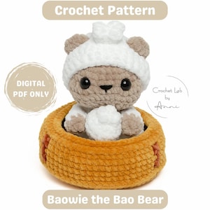 Bao Bear Crochet PATTERN: Baowie in Bamboo Steamer. Digital PDF Download