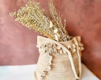 Beige Cotton Hand-Crochet Boho Romantica Bag with Ruffles