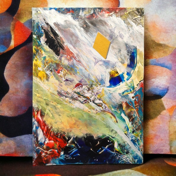 Peinture abstraite multicolore, 48 x 34 cm, acrylique, feuille d'or