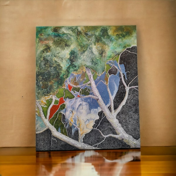 Peinture abstraite paysage forêt, bleu vert, peinture à l'acrylique et encre, décoration murale salon