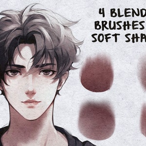 May include: Four blending brushes for soft shading. The brushes are shown as brown circles with a gradient effect. The text "4 BLENDING BRUSHES FOR SOFT SHADING" is in black text.