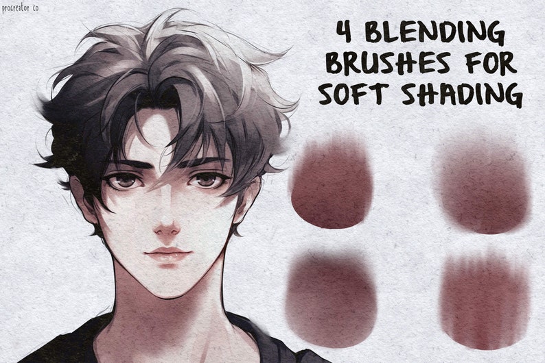 May include: Four blending brushes for soft shading. The brushes are shown as brown circles with a gradient effect. The text "4 BLENDING BRUSHES FOR SOFT SHADING" is in black text.