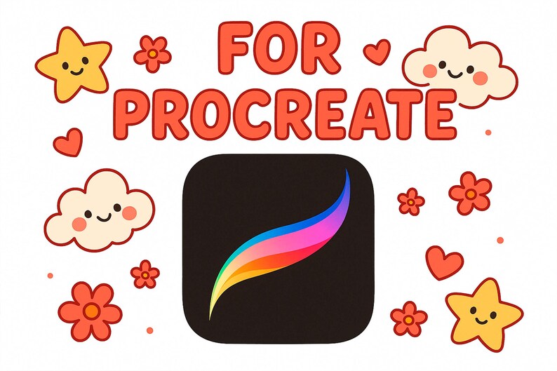 May include: A digital art graphic with the words "FOR PROCREATE" in orange letters. The Procreate app icon is in the center, surrounded by cartoon stars, flowers, clouds, and hearts. The app icon is a black square with a colorful brushstroke.