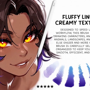 May include: Digital art illustration featuring a stylized anime character with glowing orange eyes and a white stylus. Text reads "Fluffy Lines, Creamy Textures" and describes a brush set for drawing.