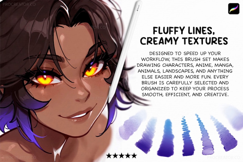 May include: Digital art illustration featuring a stylized anime character with glowing orange eyes and a white stylus. Text reads "Fluffy Lines, Creamy Textures" and describes a brush set for drawing.