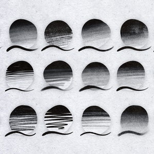 May include: A collection of 18 black and white circles showing different brush stroke patterns and gradients. The circles are arranged in three rows of six. Each circle has a wavy line underneath it.