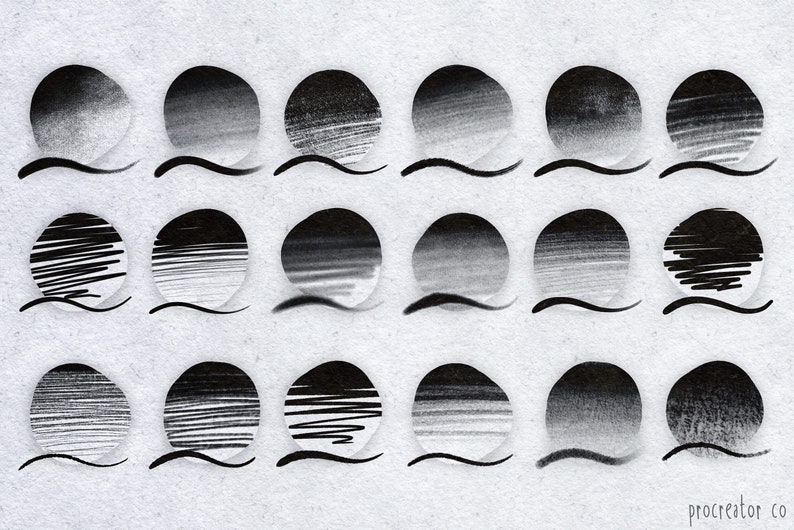 May include: A collection of 18 black and white circles showing different brush stroke patterns and gradients. The circles are arranged in three rows of six. Each circle has a wavy line underneath it.