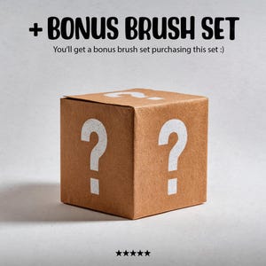 May include: A brown cardboard box with two large white question marks on the front. The text above the box reads "+ BONUS BRUSH SET" and "You'll get a bonus brush set purchasing this set :)". The Procreate app icon is in the bottom right.